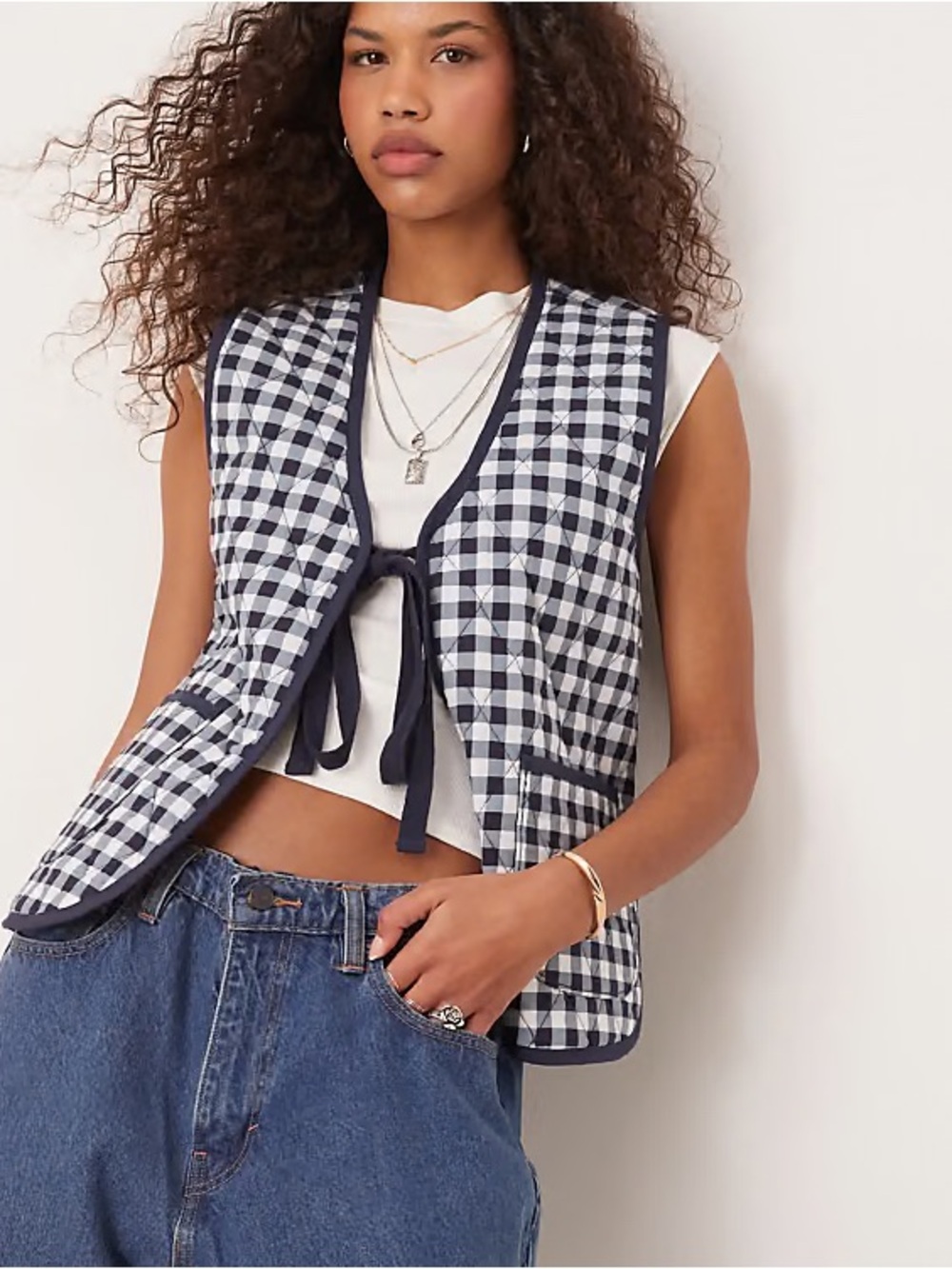 Free People navy quilted jacket vest with cream label